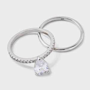 Silver Plated Cubic Zirconia Pear Shape Stone Ring Set 2pc - A New Day™ Silver Size 6 - 1 of 3