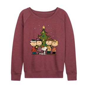 Women's Peanuts Peanuts Christmas Group Lightweight French Terry Wide Neck Long Sleeve Graphic Shirt - Heather Maroon - 4X - 1 of 4