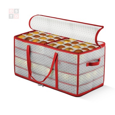 OSTO Clear Plastic Christmas Ornament Storage Box Stores Up to 128  Ornaments of 3”; 2-way zipper,Carry Handles. Tear Proof and Waterproof Red  Trim