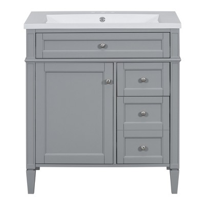 Vynxaria 30 inch Slate Grey Modern Single Sink Freestanding Bath Vanity with Resin Top Two Full Extension Drawers One Tip Out Drawer Soft Close Door