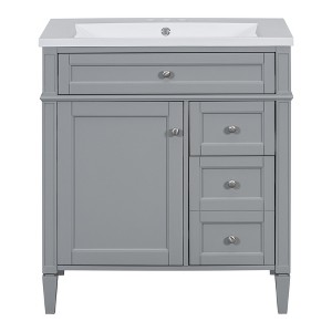 Vynxaria 30 inch Slate Grey Modern Single Sink Freestanding Bath Vanity with Resin Top Two Full Extension Drawers One Tip Out Drawer Soft Close Door - 1 of 4