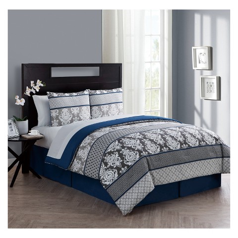 VCNY 8pc Queen Beckham Bed in a Bag Comforter Set Blue - VCNY Home: Hypoallergenic, Microfiber, Damask Pattern
