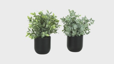 11'' Green Faux Eucalyptus and Grass Plants in Black Pots