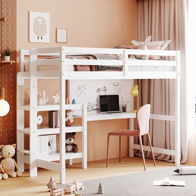 Okak Full Size Wooden Bunk Bed with Desk, Writing Board Loft Bunk Bed with Storage Shelves for Teens, Space-Saving Easy Assemble, White