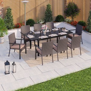 Captiva Designs 9pc Patio Geometric Pattern Extendable Steel Rectangle Table & Armrest Rattan Chairs with Cushions - 1 of 4