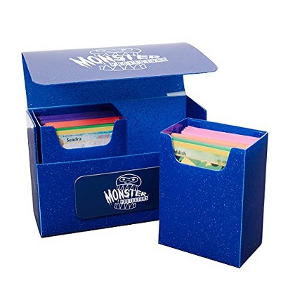 Monster Protectors Double Deck Storage Box with Self-Locking Magnetic Closure and Removable Compartments - Blue Glitter - Fits 150 Sleeved Small and Standard TCG Cards