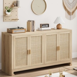 4-Door Rattan Storage Cabinet, Mid-Century Accent Console w/Shelf, Anti-Tip Kit for Living Room, Dining Room & Hallway (Boho Modern) - 1 of 4