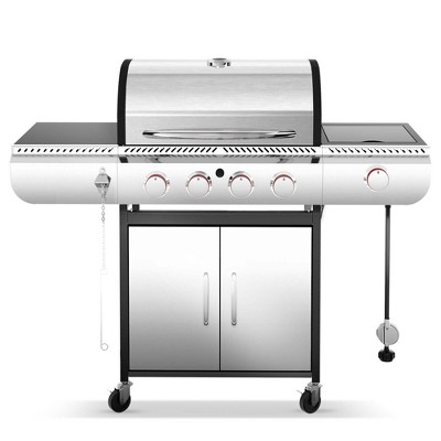 R.W.FLAME 4-Burner Propane Gas Grill with Side Burner, 42,000 BTU Stainless Steel BBQ Grill for Outdoor Cooking, with Cast Iron Grates, Baking Pan