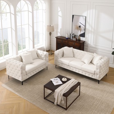 2 Pieces Living Room Sofa Loveseat Set Comfortable Faux Leather Couch with Pillows -Morden Fort