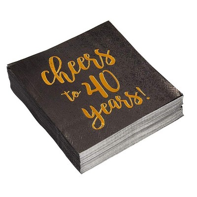 Blue Panda 50-Pack Cheers to 40 Years 40th Birthday Disposable Paper Napkin 5x5" Black Gold Foil Party Supplies