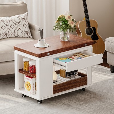 Coffee table with dark wood top and white base, partially pulled-out drawer