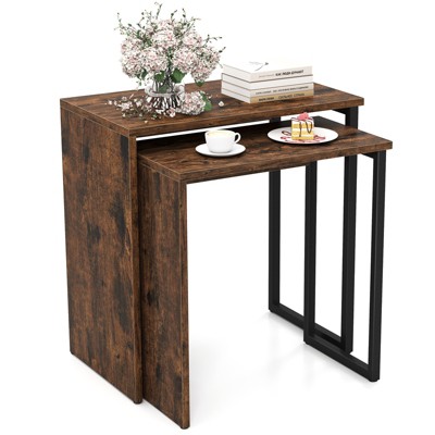 Tangkula Nesting Coffee Table Set of 2 Modern Accent Sofa Side Tables w/ Faux Wood Top & Heavy Duty Metal Frame