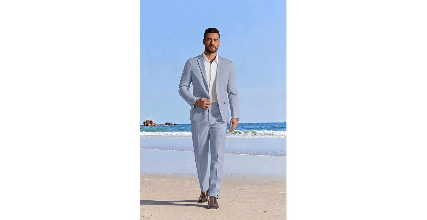 COOFANDY Men's Linen Suits 2 Piece Regular Fit Suits Set Casual Lightweight Blazer Jacket and Pants for Summer Wedding White 36X30W, цвет: Светлый синий — фото 3