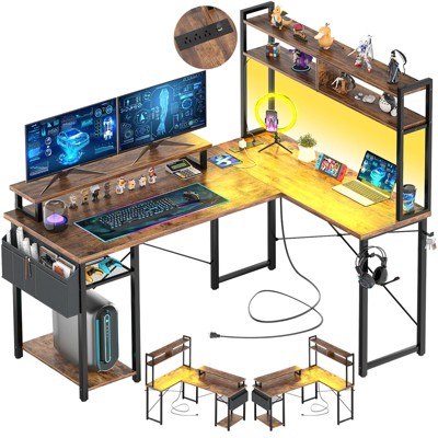 Aheaplus L Shaped Desk with Charging Staion and LED Light, Corner Desk with Hutch and Monitor Stand