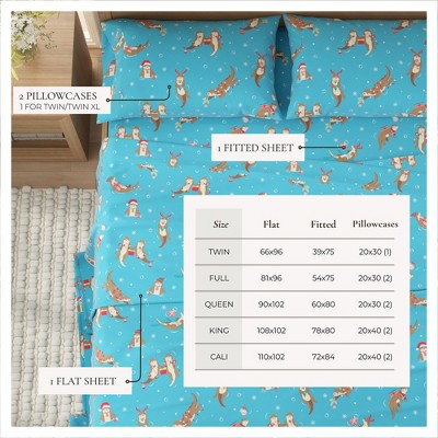 Full Size Otters in Snow Blue Cotton Flannel Sheet Set