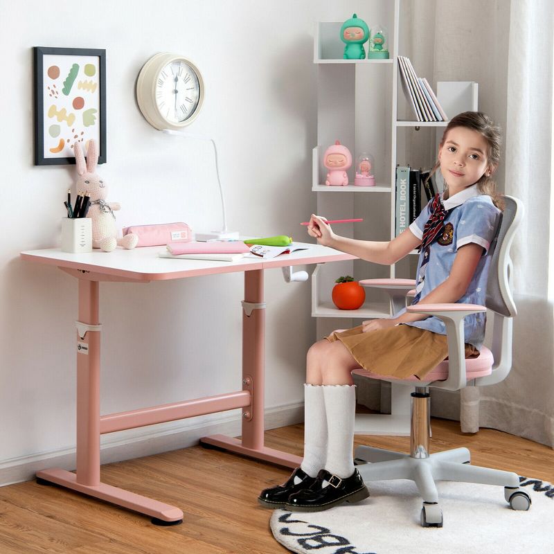 Costway Height Adjustable Kids Desk & Chair Set Study Desk Chair w/Sit-brake Caster Pink, 3 of 11