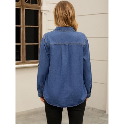 INSPIRE CHIC Women's Long Sleeve Button Down Turndown Collar Jean Denim Jacket with Pocket Blue Small — фото 4