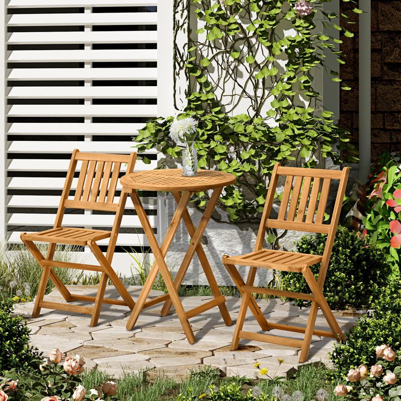 Outsunny Bistro Table and Chairs Set Of 2, Acacia Wood Patio Table, Wooden Folding Chairs, Varnished, 3 Piece Outdoor Furniture Set, Slatted, Teak, 3 of 11
