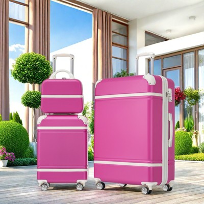 FURNIinspire Bag And Luggage Sets Family Friendly 3 Pieces Luggage And Cosmetic Case Spinner Suitcase With TSA Lock, Pink, 20" 28"