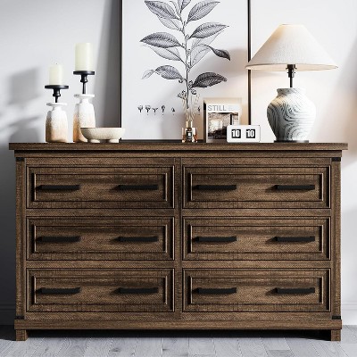 Acekool Farmhouse 6 Drawer Dresser, 55" Rustic Wood Chest, Vintage Storage Organizer & TV Stand for Bedroom