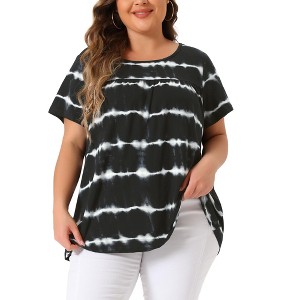 Agnes Orinda Women's Plus Size Tie Dye Short Sleeve Casual Round Neck Pleated Summer Blouse - 1 of 4