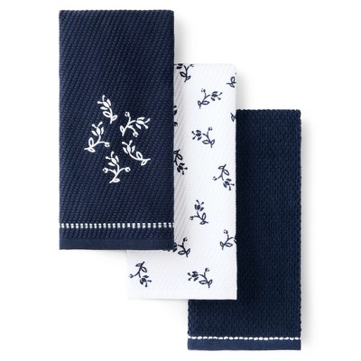 KITCHENAID Vintage Florals Collector Series Embroidered Kitchen Towel 3-Pack Set, Absorbent 100% Cotton, Dual-Purpose, Ink Blue, 18"x28"