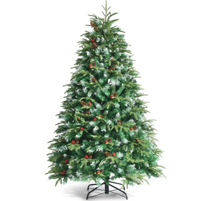 Tangkula Hinged Life-Like Christmas Tree W/ LED Lights Pre-Lit Artificial Xmas Tree W/ PE & PVC Leaves