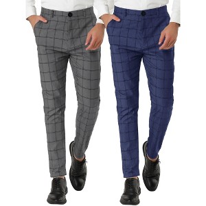 Lars Amadeus Men's Slim Fit Flat Front Zipper Closure Business Checked Dress Pants 2 Packs - 1 of 4