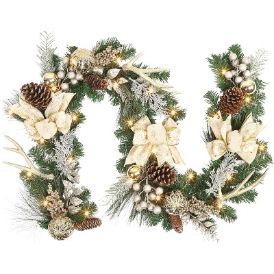 6 Feet Christmas Garland with Lights for Mantle,Battery Operated Outdoor Christmas Garlands with Antlers Gold Balls