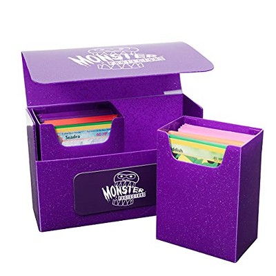Monster Protectors Double Deck Storage Box with Self-Locking Magnetic Closure and Removable Compartments - Purple Glitter - Fits 150 Sleeved Small and Standard TCG Cards