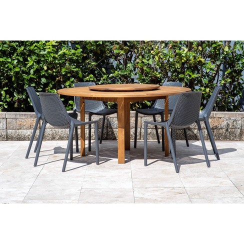 Kinnitty 7pc Dining Set with Round Table with Teak Finish and Lazy Susan – Gray – Amazonia For Sale