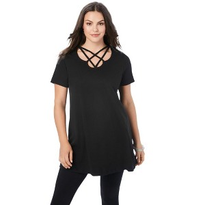 Roaman's Women's Plus Size Lattice Neck Short Sleeve Ultimate Tunic - 1 of 4