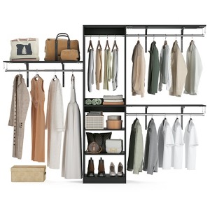 Lirago Adjustable Heavy-Duty Wood Closet Organizer-6 Shelves and 3 Expandable Rods Storage System Black - 1 of 4