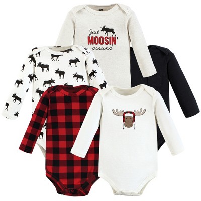 Hudson Baby Infant Boy Cotton Long-Sleeve Bodysuits, Winter Moose 5-Pack