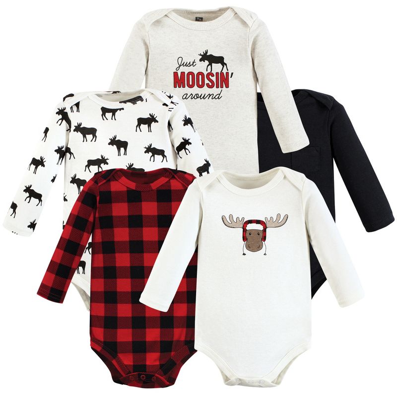 Hudson Baby Infant Boy Cotton Long-Sleeve Bodysuits, Winter Moose 5-Pack, 1 of 9