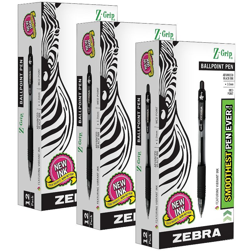 Zebra Pen Z-Grip Retractable Ballpoint Pen Medium Point Black Ink 12 Per Pack 3 Packs (ZEB22210-3), 1 of 3