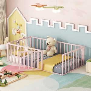 Twin Size Metal Floor Bed Frame with Fence and Door - 1 of 4
