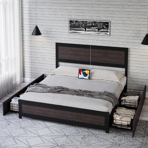 Bed Frame with Four Storage Drawers & Charging Station, Riveted Decoration Platform Bed with Headboard, No Spring Box Need, Metal Slat Frame, Grey - 1 of 4