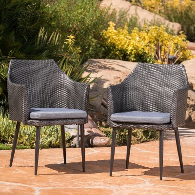Set of 2 PE Rattan Outdoor Dining Chairs with Cushions,Weather-Resistant Wicker Armchairs for Porch or Garden-Cuddlewood