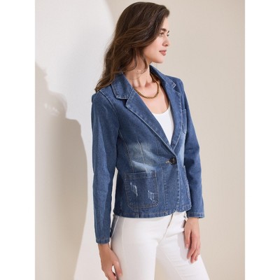 INSPIRE CHIC Women's Long Sleeve Notched Lapel Distressed Blazer Blue X-Small — фото 2