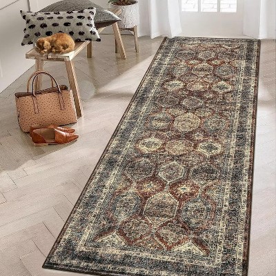Vintage Distressed Area Rug Machine Washable Geometric Rug Low Pile Soft Foldable Rug