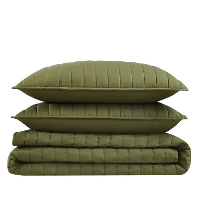 Olive Green Full Cotton Quilt Set with Polyfill