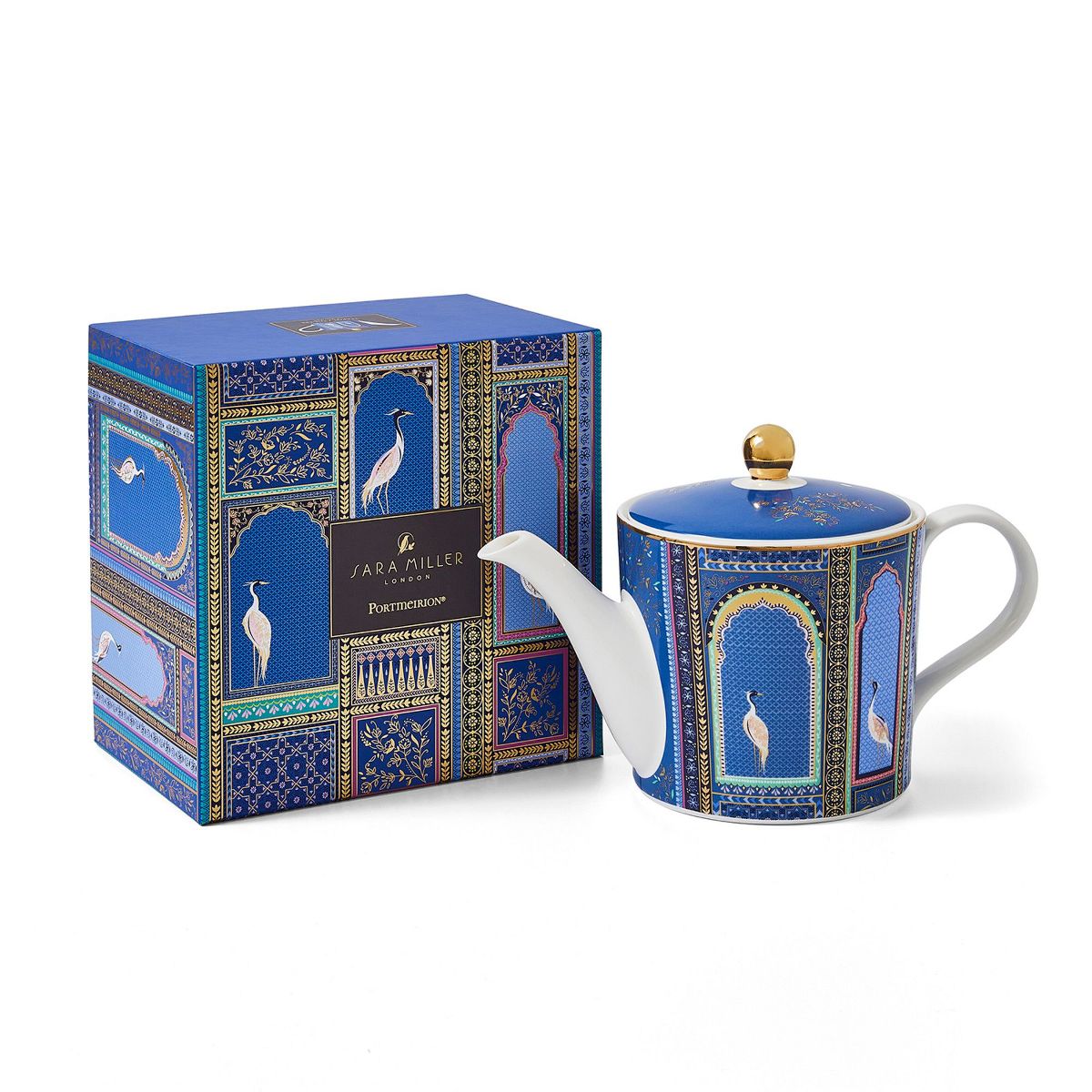 Sara Miller London India Lattice Windows Teapot - Fine China Indigo Teaware with Cranes & Gold Detailing - 37 oz