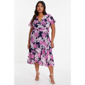 QUIZ Women's Plus Size Floral Print Midi Dip Hem Dress
