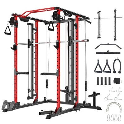 Power Cage with Smithbar, 2000 Lbs Power Rack with Cable Crossover System, Multi-Functional Strength Training Squat Rack