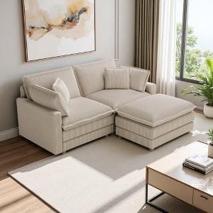 Corduroy Deep Seat L-Shaped Modular Sectional Sofa with 4 Pillows & Ottoman - 1 of 4