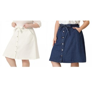 Agnes Orinda Women's Plus Size Tie Waist Button Front Pockets A-Line Midi Denim Skirts - 1 of 4