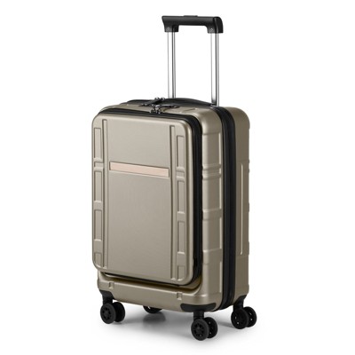 Hynes Eagle Carry on Luggage ABS+PC 20 Inch Luggage with Front Compartment Double Spinner Wheels TSA Lock Khaki