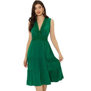 Allegra K Women's Casual Sleeveless V Neck Lace Trim Tiered Midi Tank Sundresses - 1 of 4
