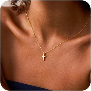 Dainty Cross Pendant Necklace 14K Gold Plated Christian Faith Gift for Teens 01-Box Chain Cross - 1 of 4